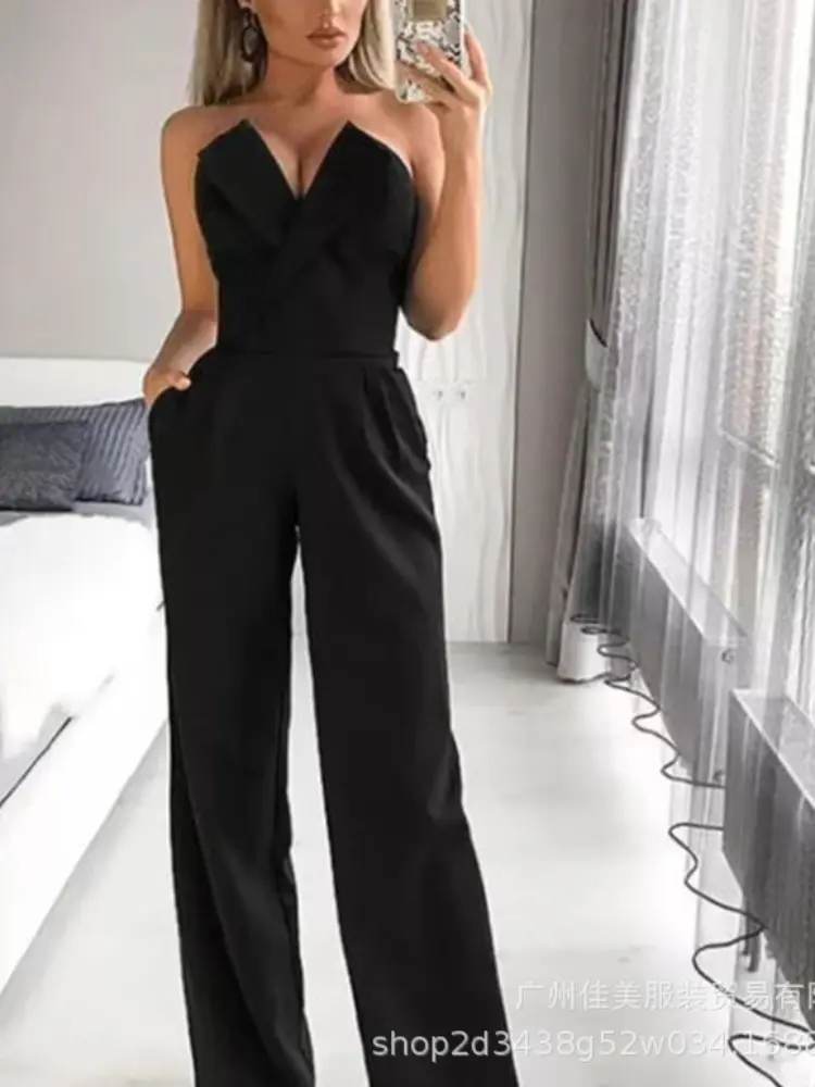 Women Jumpsuits One Piece Slash Neck Sleeveless Rompers Overalls Solid Color Straight Pants Pockets Spliced High Street Sexy