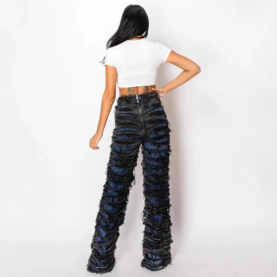 Vintage Jeans Straight Pants Women Double Hole Denim Trousers Streetwear High Waist Stretch Punk Gothic Y2k 2025 Floor Length