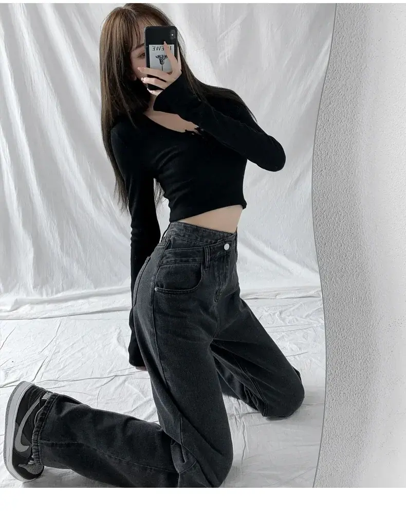 Wide Leg Pants Women Vintage Jeans High Waist Loose Fit Basics Full Length Pockets Button 2025 Casual Denims Straight Trousers