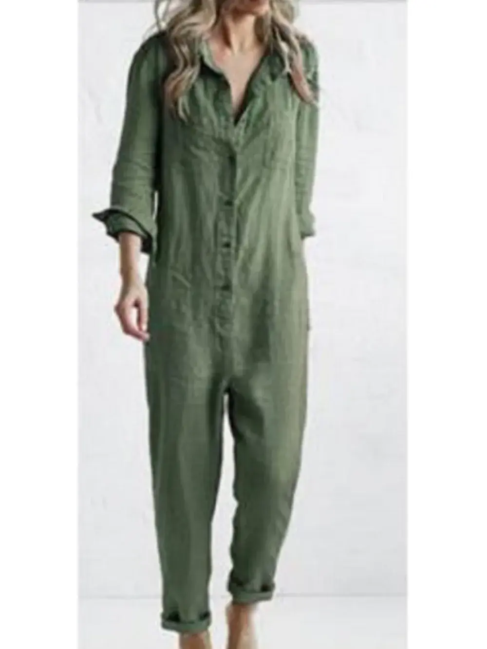Cotton Jumpsuit Women Sexy Vintage Romper Long Pants Slim Bodycon Jumpsuits Long Sleeve Streetwear Green Y2k Casual Cargo Pants
