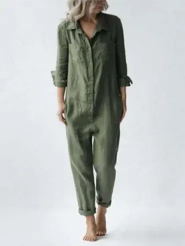 Cotton Jumpsuit Women Sexy Vintage Romper Long Pants Slim Bodycon Jumpsuits Long Sleeve Streetwear Green Y2k Casual Cargo Pants