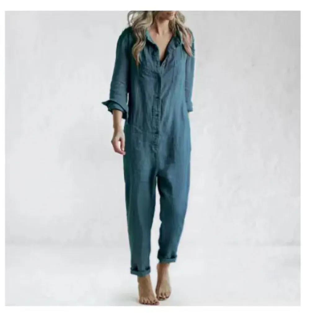 Cotton Jumpsuit Women Sexy Vintage Romper Long Pants Slim Bodycon Jumpsuits Long Sleeve Streetwear Green Y2k Casual Cargo Pants