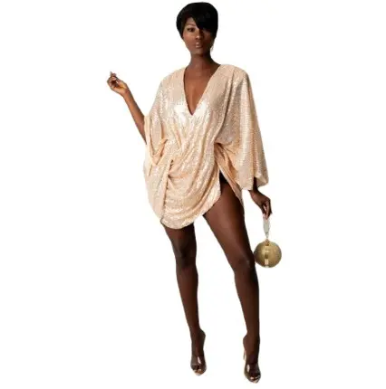 Women Y2k Side Folds Mini Dresses Club Party Sexy Elegant Vestidos Long Sleeve Solid Color V Neck Sequins Irregular Dress