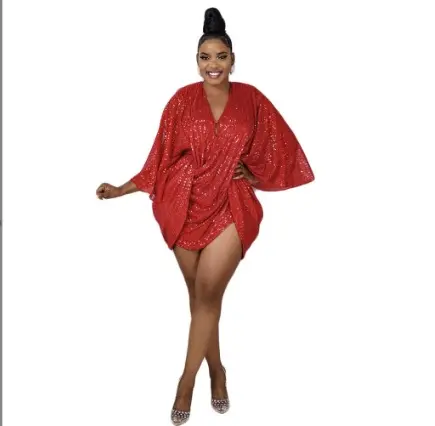 Women Y2k Side Folds Mini Dresses Club Party Sexy Elegant Vestidos Long Sleeve Solid Color V Neck Sequins Irregular Dress