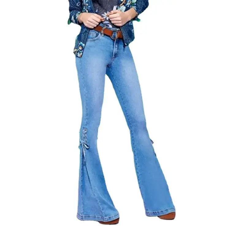 Full Length Flare Pants Women Jean Washed Denim Pants Zipper Fly Loose Fit Pockets High Waist Basics Lace Up Vintage Solid