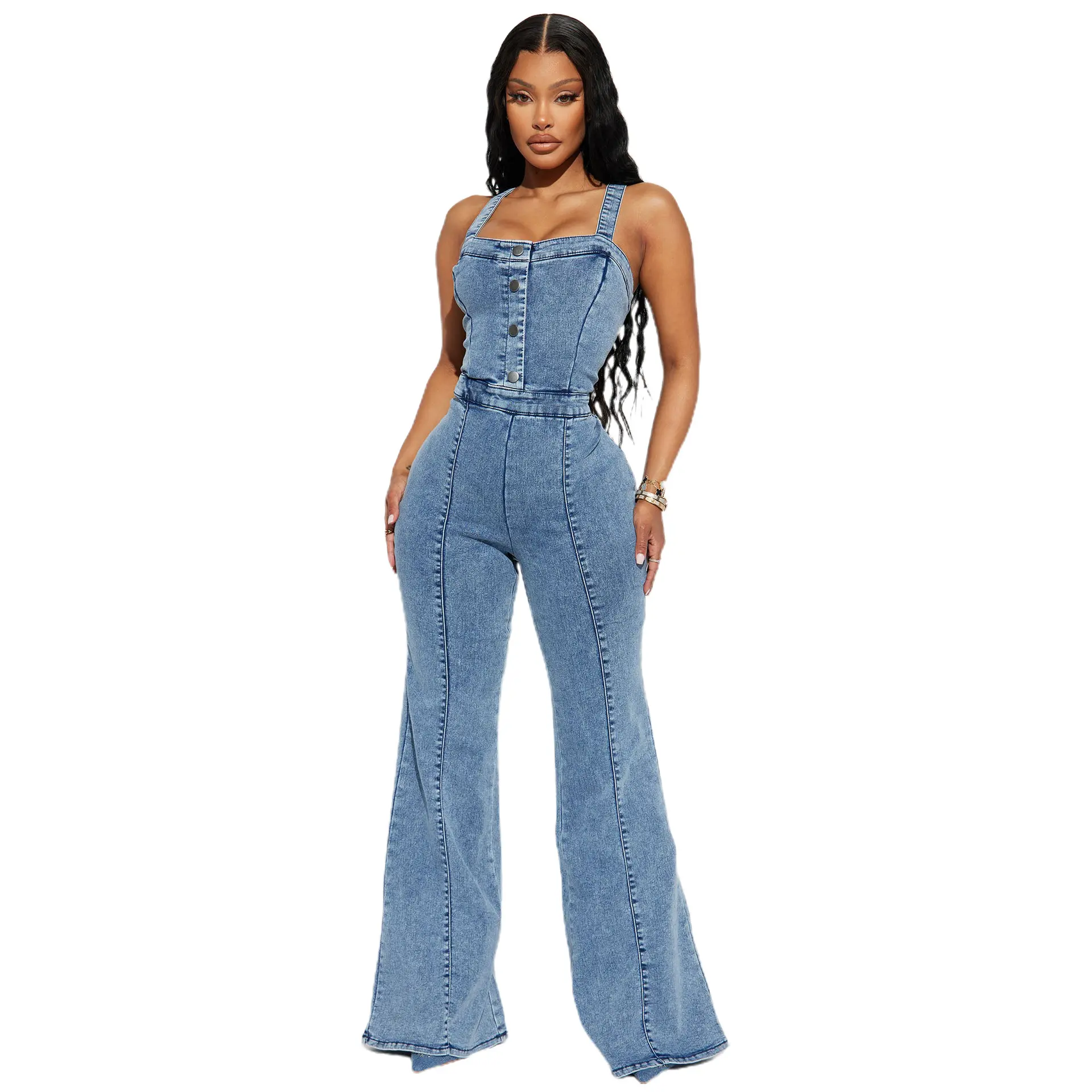 Women Jeans Rompers Sexy Overalls Jumpsuits Square Collar One Piece Solid Flare Pants Ankle Length Baics Spliced Button