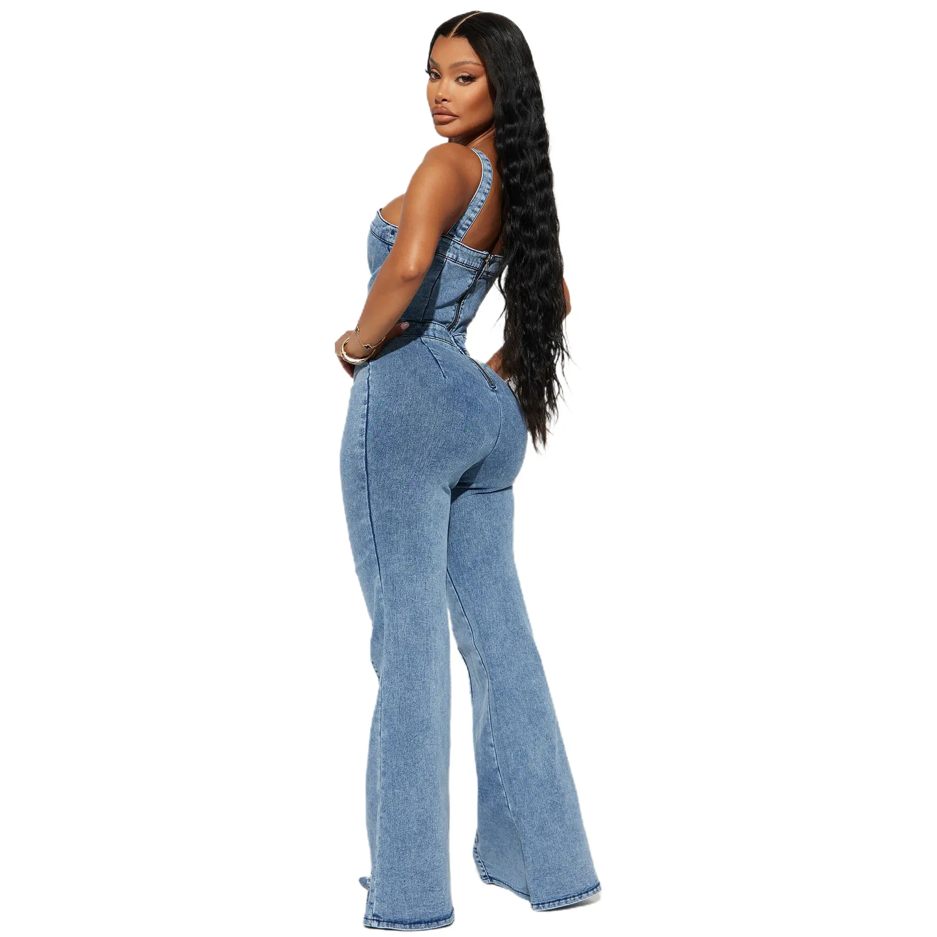 Women Jeans Rompers Sexy Overalls Jumpsuits Square Collar One Piece Solid Flare Pants Ankle Length Baics Spliced Button