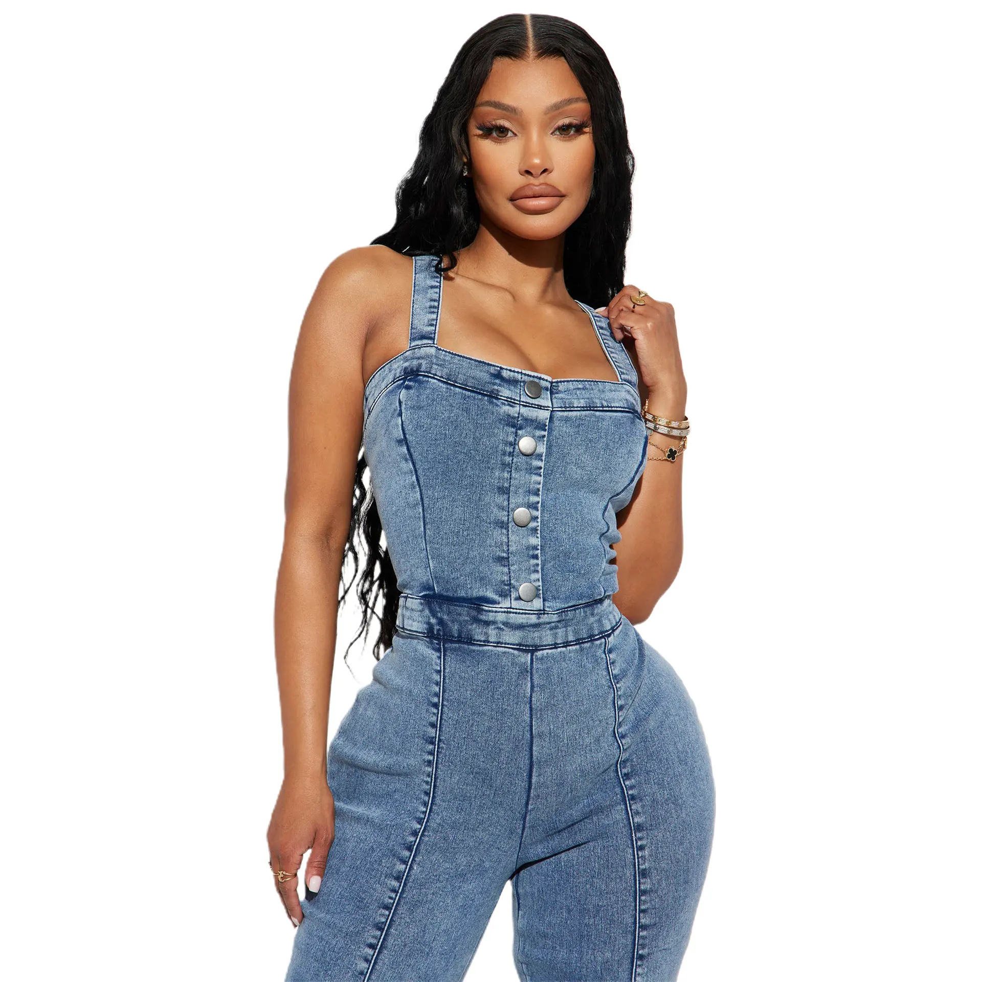 Women Jeans Rompers Sexy Overalls Jumpsuits Square Collar One Piece Solid Flare Pants Ankle Length Baics Spliced Button