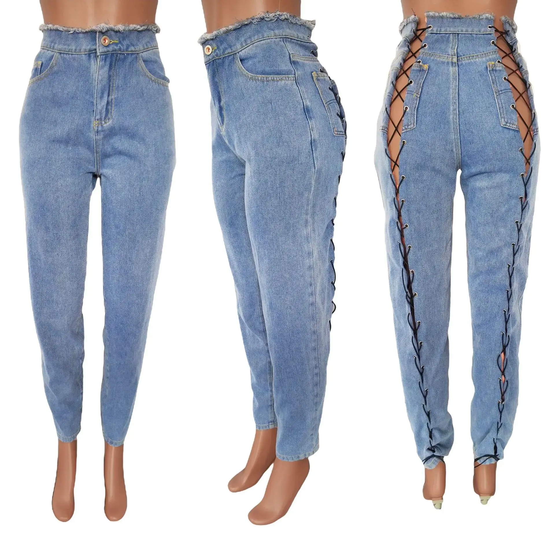 Ankle Length Jeans Hollow Spliced Sexy Jean Pencil Denim Pants Women Solid Washed Skinny Pockets High Waist Punk Style 2025
