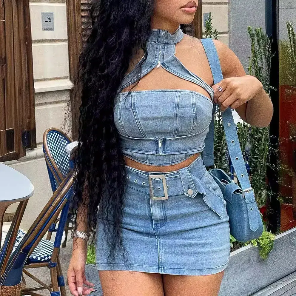 Denim Dress Sets Mini Wrap Buttocks Dress Slim Sheath Bodycon Two Pieces Sashes Sexy Pullover Tops Washed High Street Spliced
