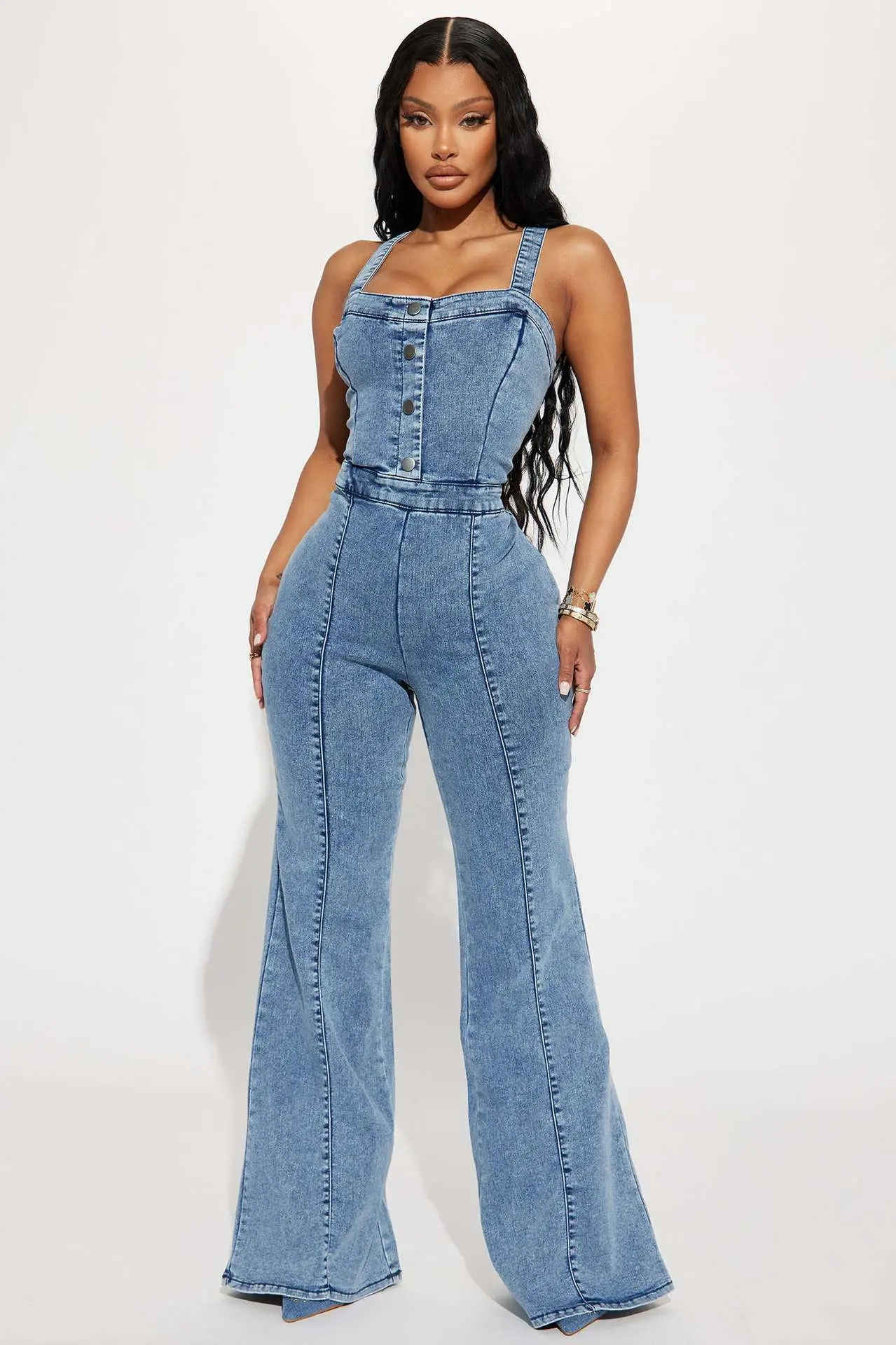 Women Jeans Rompers Sexy Overalls Jumpsuits Square Collar One Piece Solid Flare Pants Ankle Length Baics Spliced Button