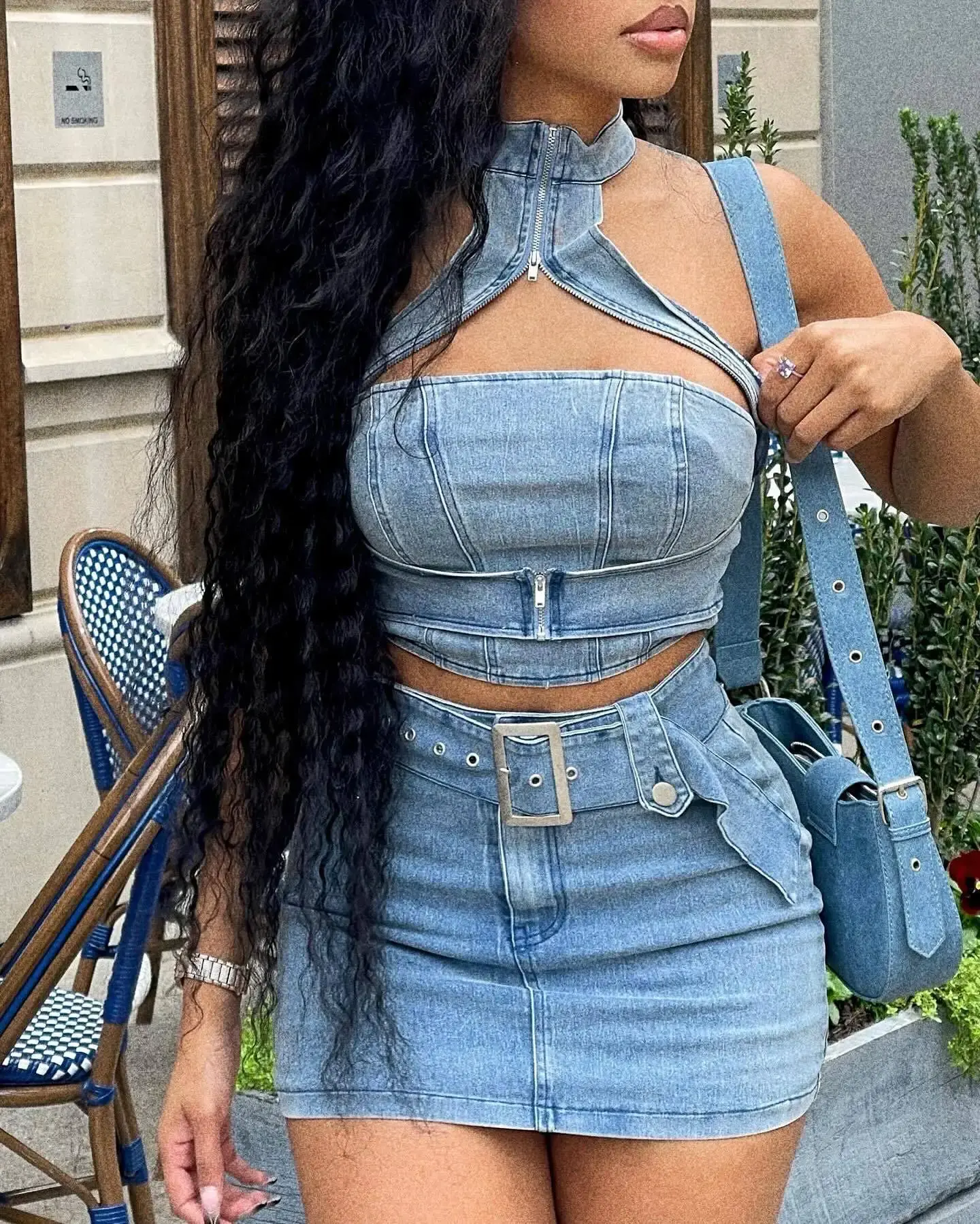 Denim Dress Sets Mini Wrap Buttocks Dress Slim Sheath Bodycon Two Pieces Sashes Sexy Pullover Tops Washed High Street Spliced