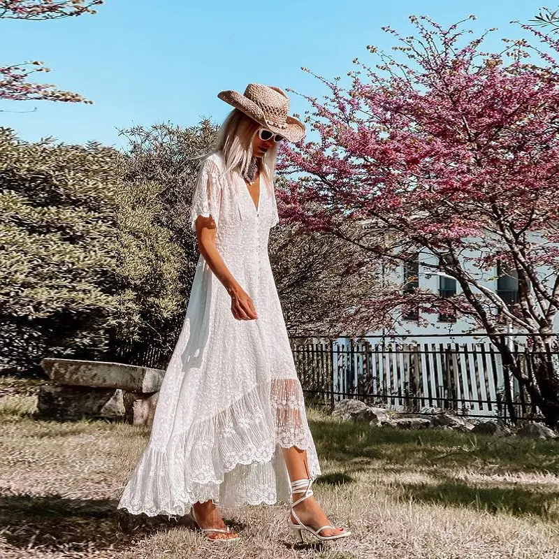 Dress Women Off Shoulder Lace Patchwork Elegant Dress Casual Bohemian Deep V Neck Short Sleeve Loose Vestidos Summer Dresses