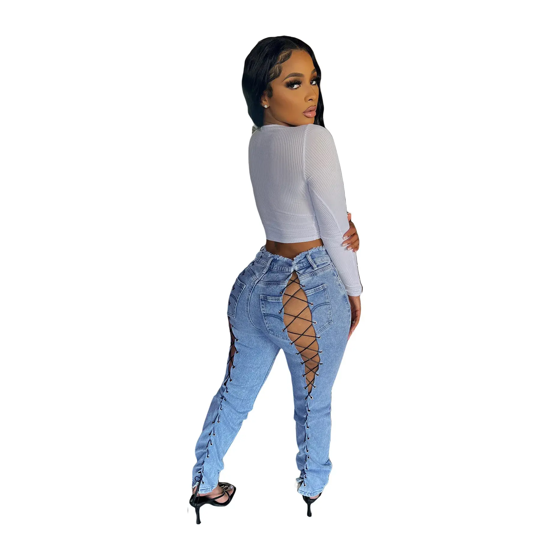 Ankle Length Jeans Hollow Spliced Sexy Jean Pencil Denim Pants Women Solid Washed Skinny Pockets High Waist Punk Style 2025
