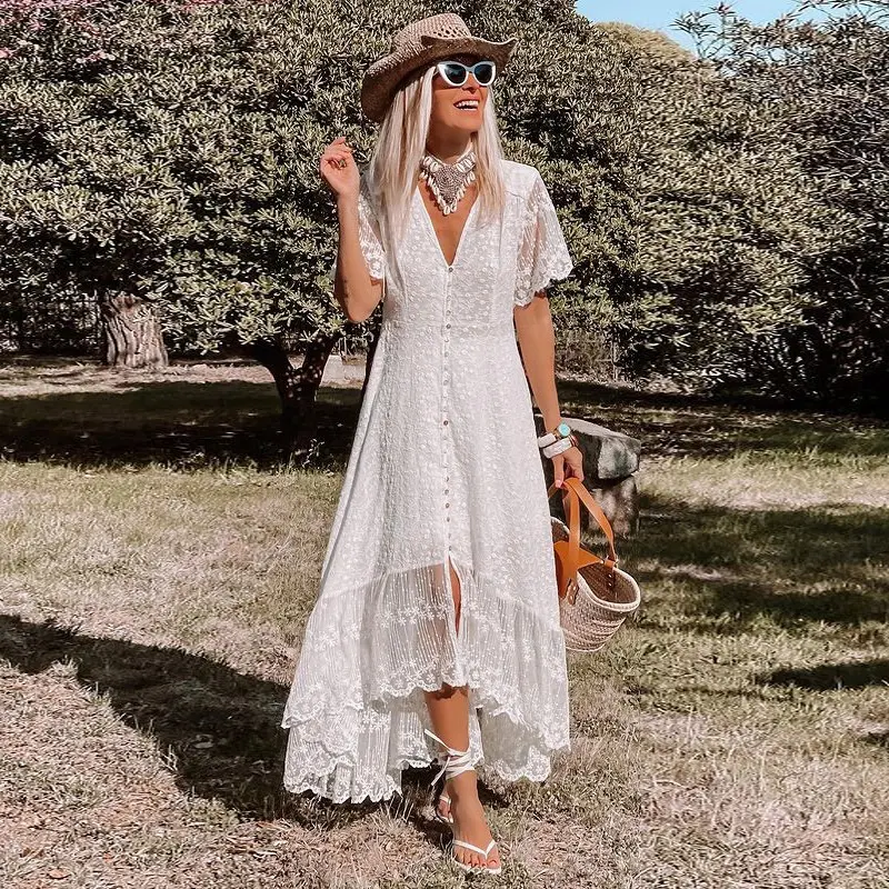 Dress Women Off Shoulder Lace Patchwork Elegant Dress Casual Bohemian Deep V Neck Short Sleeve Loose Vestidos Summer Dresses