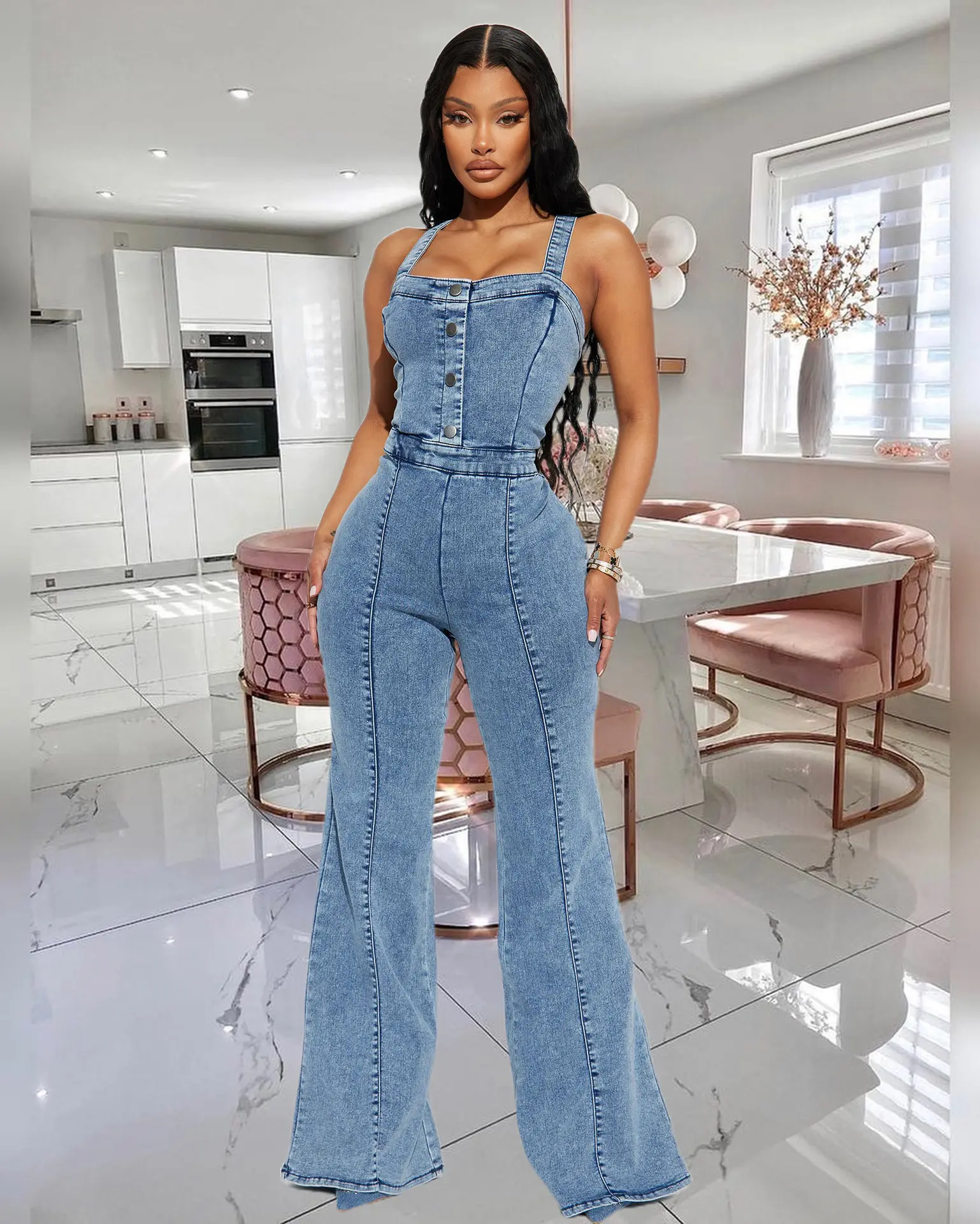 Women Jeans Rompers Sexy Overalls Jumpsuits Square Collar One Piece Solid Flare Pants Ankle Length Baics Spliced Button