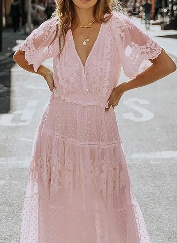 Dress Women Off Shoulder Lace Patchwork Elegant Dress Casual Bohemian Deep V Neck Short Sleeve Loose Vestidos Summer Dresses