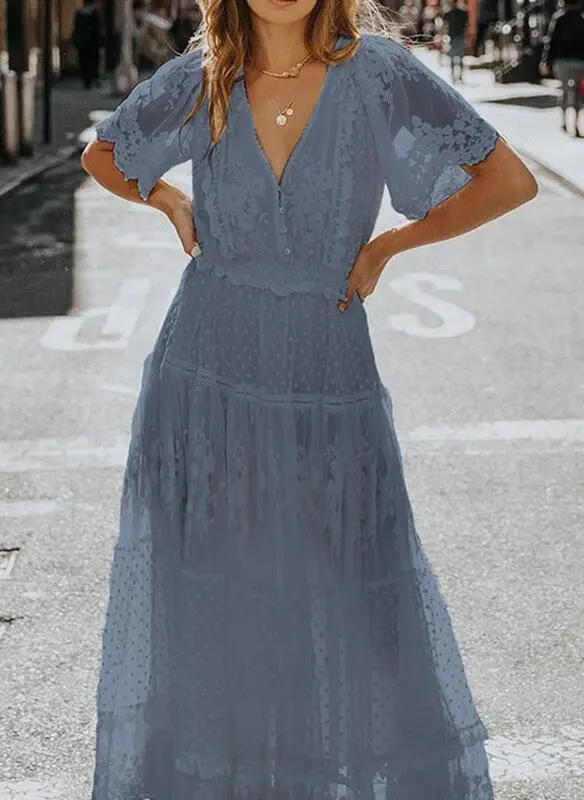 Dress Women Off Shoulder Lace Patchwork Elegant Dress Casual Bohemian Deep V Neck Short Sleeve Loose Vestidos Summer Dresses