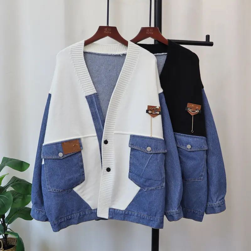 Cardigan Women Sweaters Knitted V Neck Full Sleeve Jumpers Y2k Streetwear Denim Elegant Splice Knit Open Stith Autumn Winter