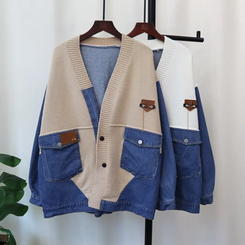 Cardigan Women Sweaters Knitted V Neck Full Sleeve Jumpers Y2k Streetwear Denim Elegant Splice Knit Open Stith Autumn Winter