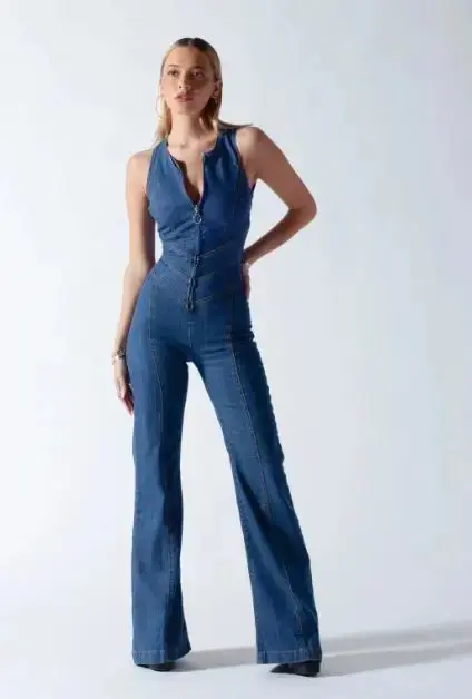 One Piece Denim Jumpsuit Summer New Slim Thin Backless High Waist Overalls Jeans Sleeveless Zipper V Neck Rompers Long Pants