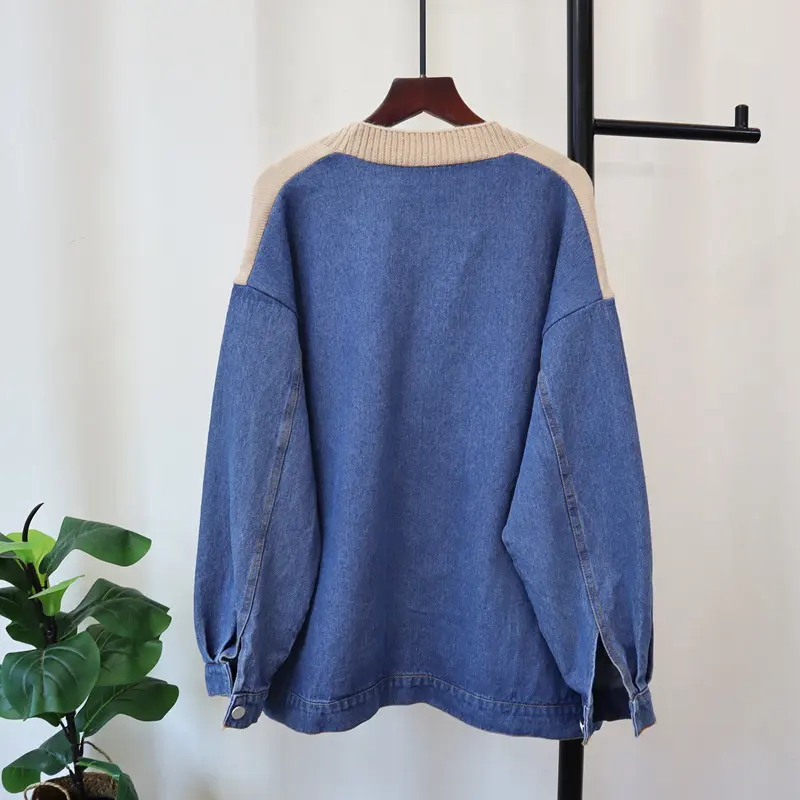 Cardigan Women Sweaters Knitted V Neck Full Sleeve Jumpers Y2k Streetwear Denim Elegant Splice Knit Open Stith Autumn Winter