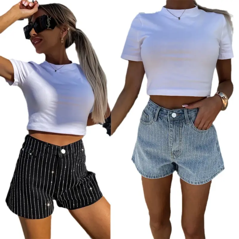 Shorts Denim Pant Women Jeans Short Pants Hot Drilling High Waist Straight Trousers Y2k Streetwear Elegant Mom Jeans Summer 2025