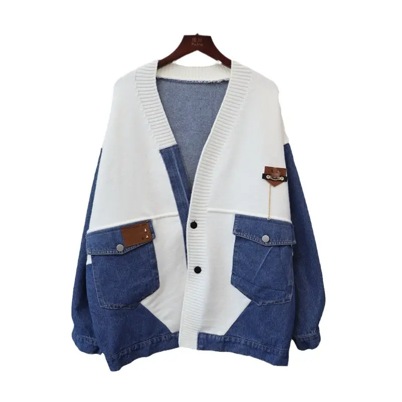 Cardigan Women Sweaters Knitted V Neck Full Sleeve Jumpers Y2k Streetwear Denim Elegant Splice Knit Open Stith Autumn Winter