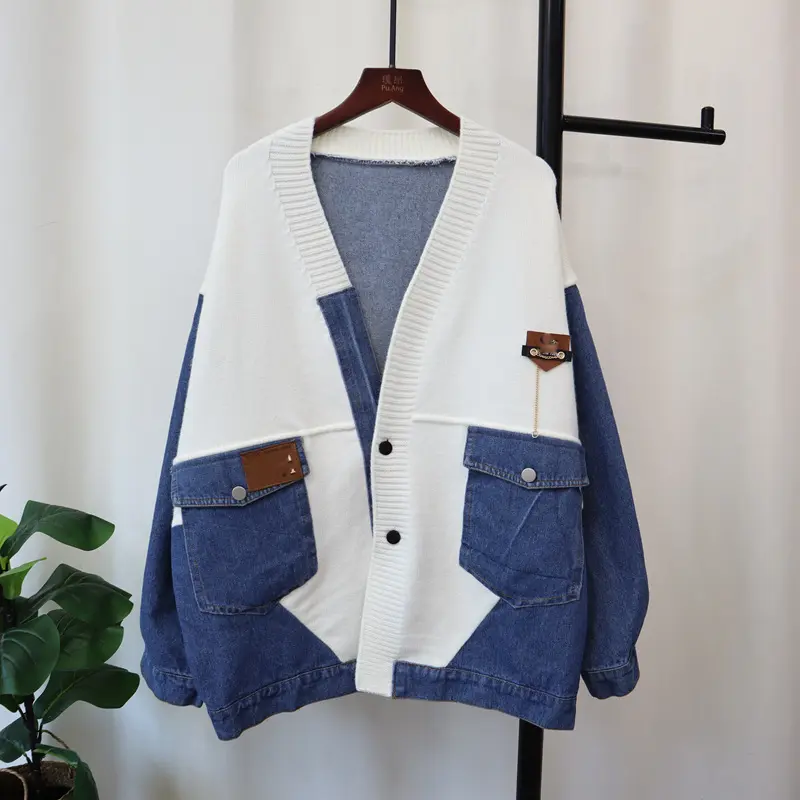 Cardigan Women Sweaters Knitted V Neck Full Sleeve Jumpers Y2k Streetwear Denim Elegant Splice Knit Open Stith Autumn Winter