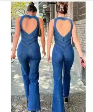 One Piece Denim Jumpsuit Summer New Slim Thin Backless High Waist Overalls Jeans Sleeveless Zipper V Neck Rompers Long Pants