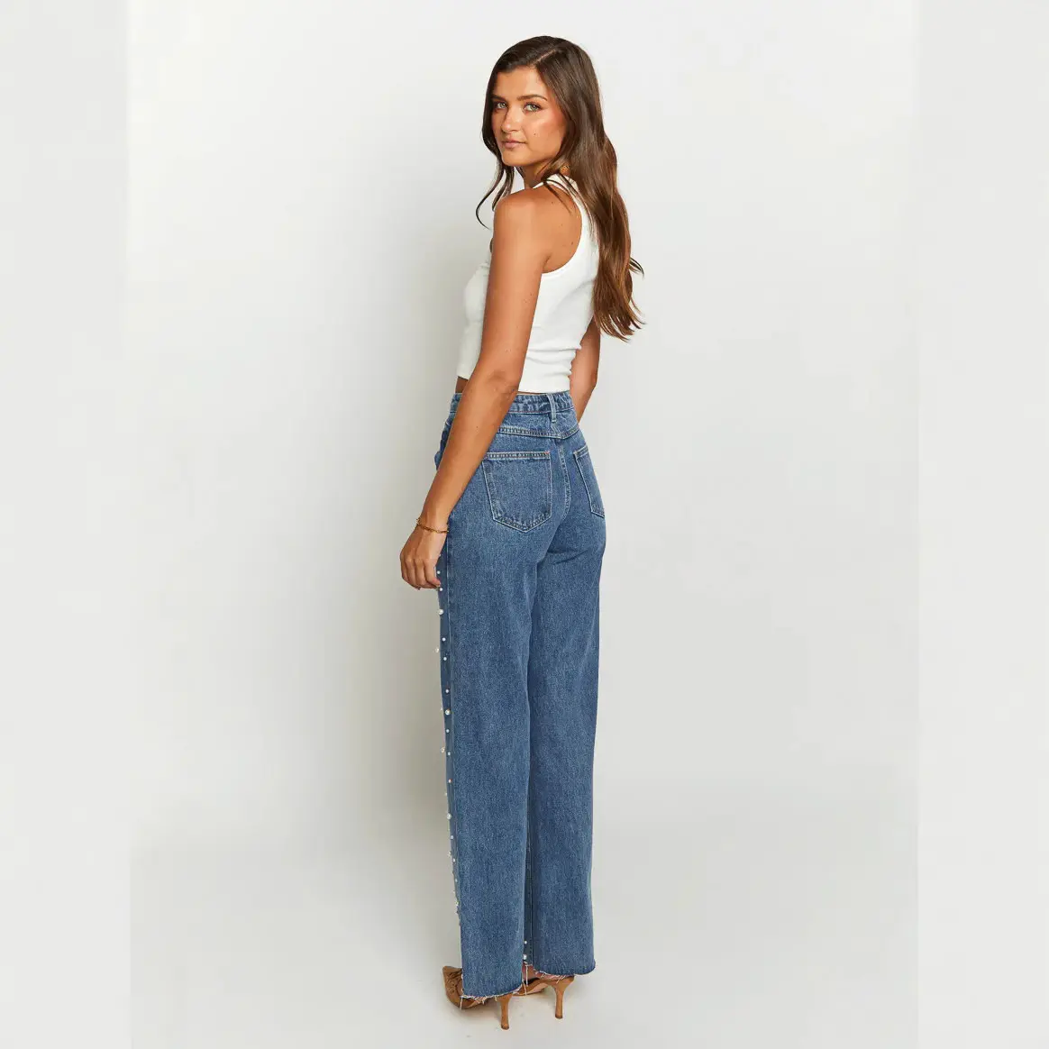 Jeans Denim Pant Women Wide Leg Long Pants Slim Fit Beading High Waist Straight Trousers Y2k Streetwear Splice Party Club Mom