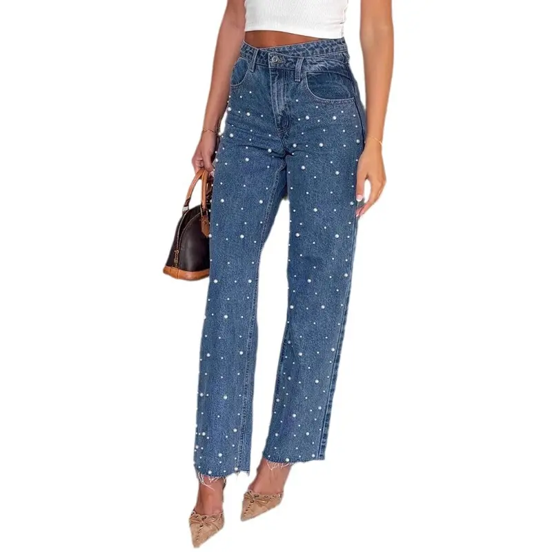Jeans Denim Pant Women Wide Leg Long Pants Slim Fit Beading High Waist Straight Trousers Y2k Streetwear Splice Party Club Mom