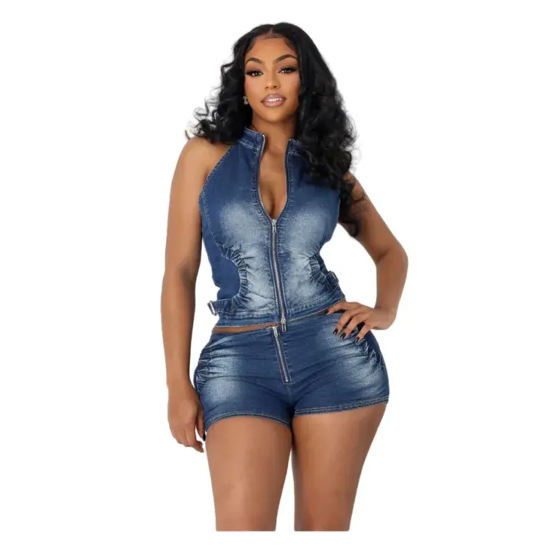Denim Shorts Women Suit 2 Piece Sets Sexy Vest Top Sleeveless Matching Sets Zipper Fly Jeans Short Pants Outfits Streetwear 2025