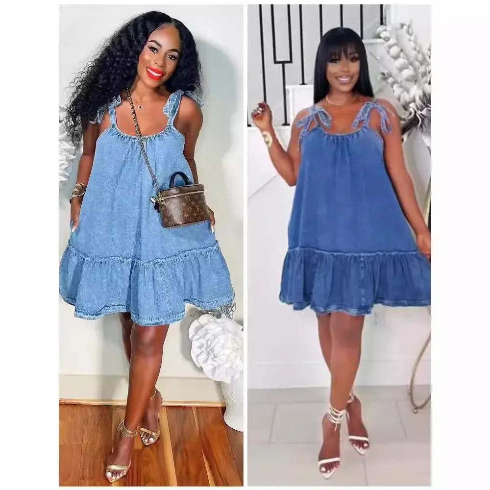 Slip Denim Dress Women Dresses A Line Sleeveless Lace Up Distressed Folds Vestidos Streetwear 2025 Summer Vintage Sundress