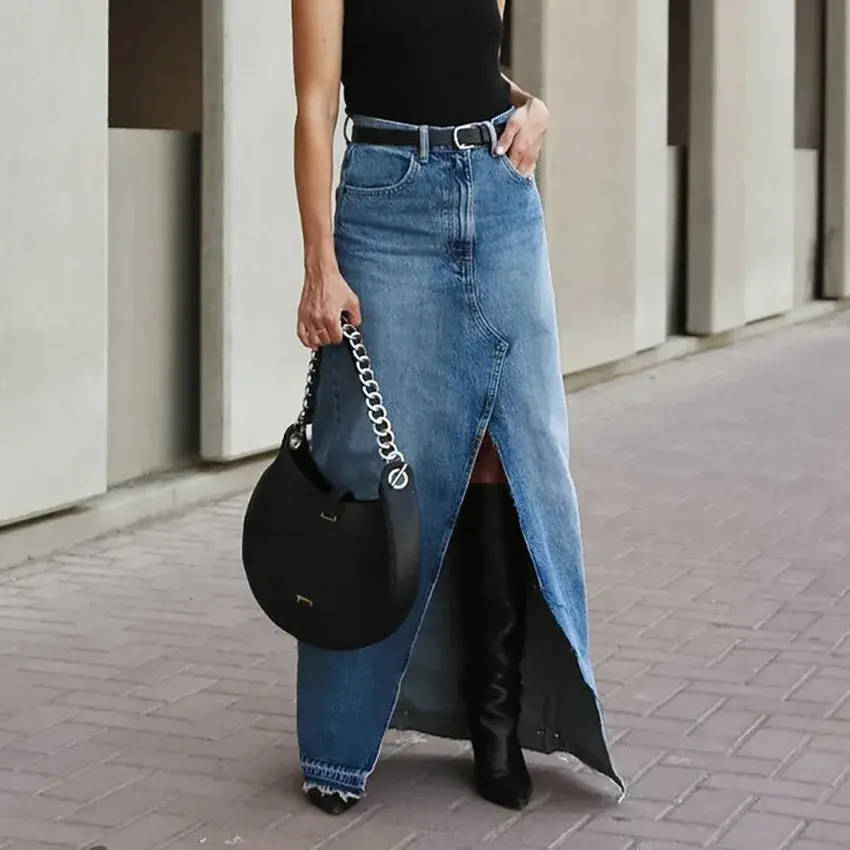 Denim Long Skirt Women Split Skirts Stretch High Waist Pockets Washed Distressed Mom Jeans 2025 Summer Streetwear Vintage A Line