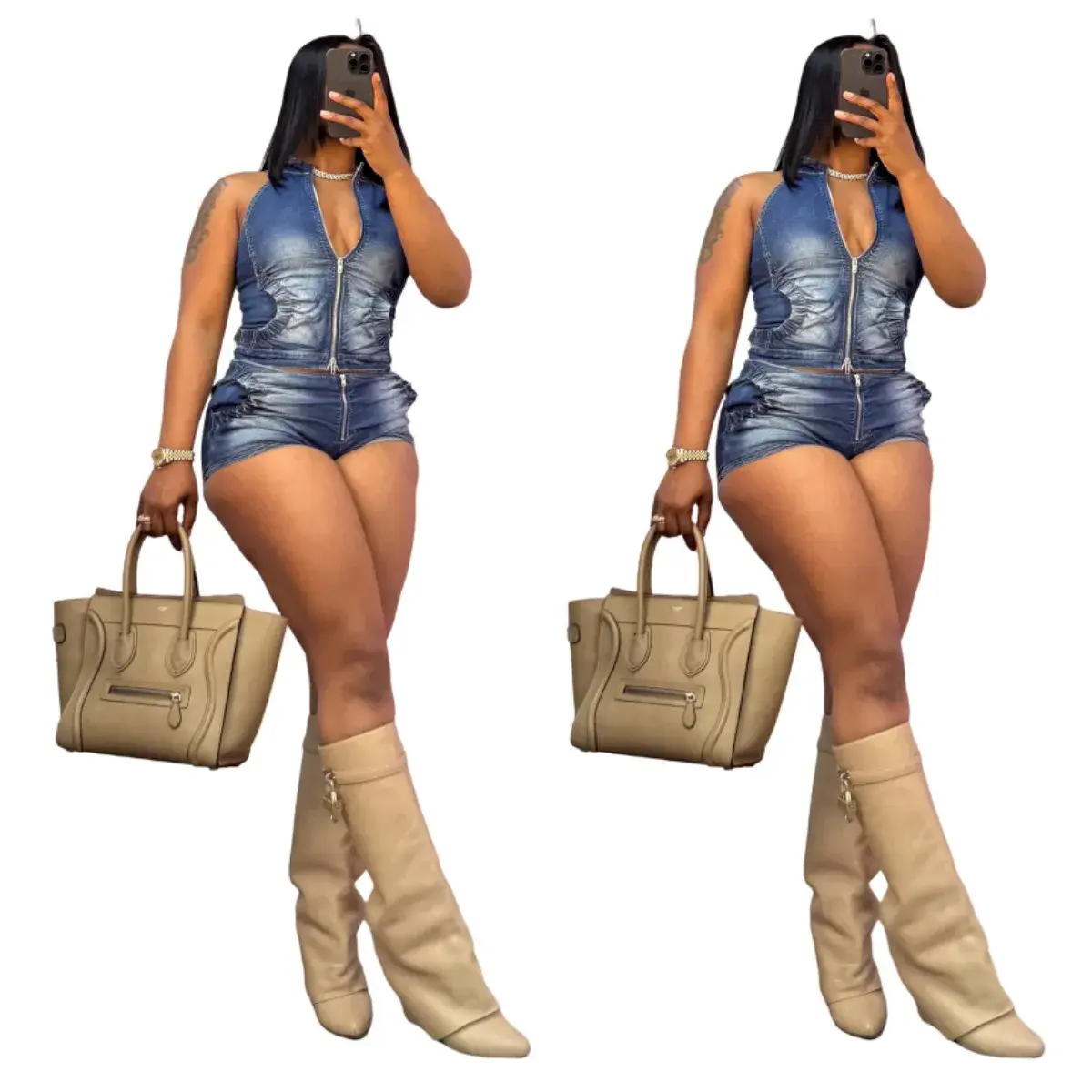 Denim Shorts Women Suit 2 Piece Sets Sexy Vest Top Sleeveless Matching Sets Zipper Fly Jeans Short Pants Outfits Streetwear 2025
