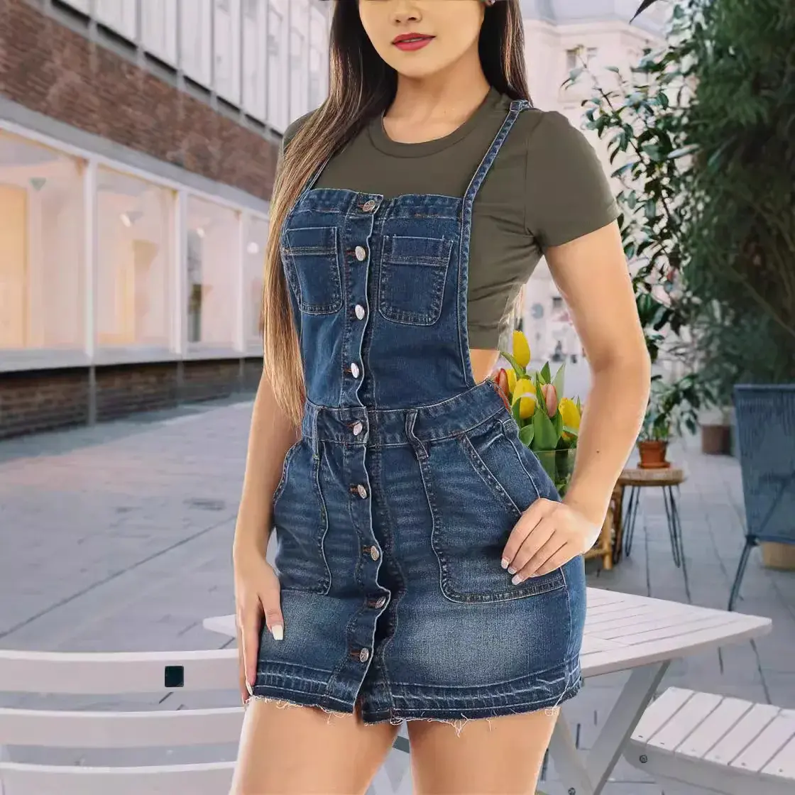 Denim Suspender Dress Women Summer Overalls Streetwear Mini Dresses High Waist A Line Pockets Single Breasted Vestidos