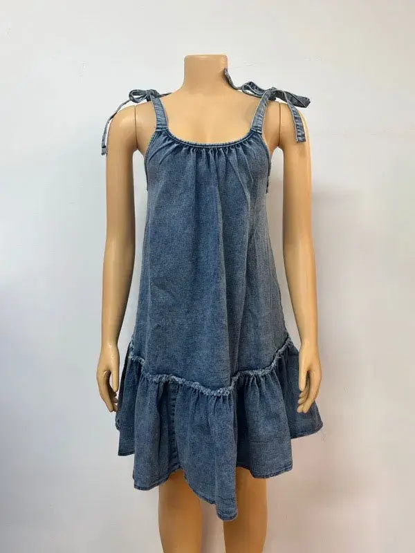 Slip Denim Dress Women Dresses A Line Sleeveless Lace Up Distressed Folds Vestidos Streetwear 2025 Summer Vintage Sundress