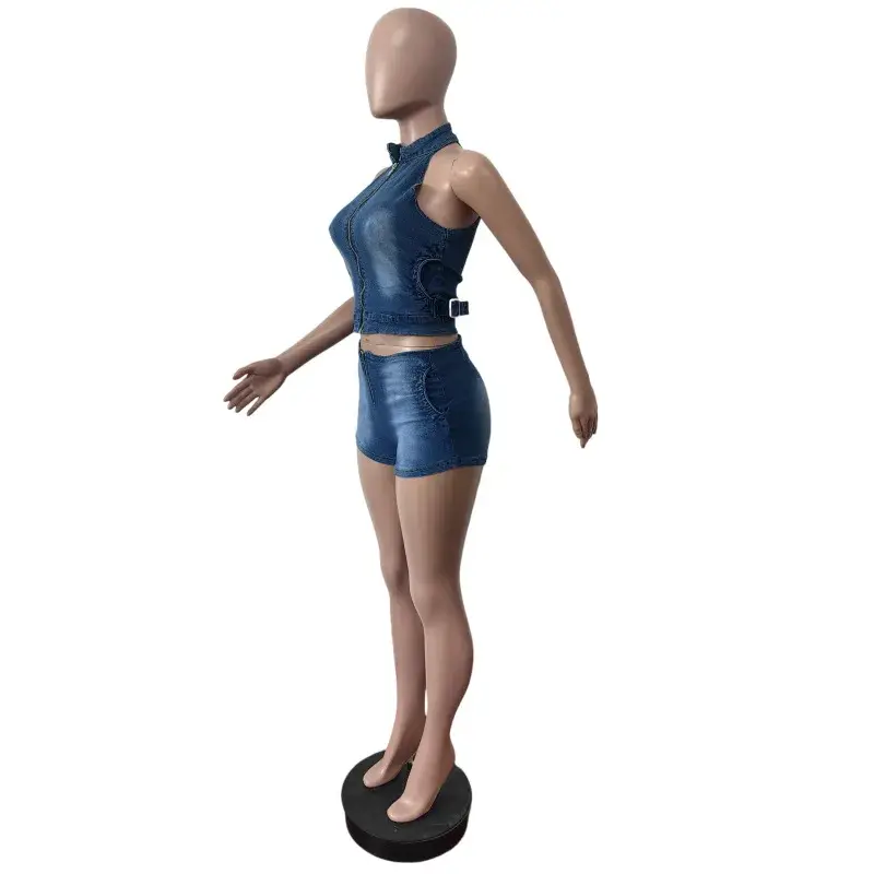 Denim Shorts Women Suit 2 Piece Sets Sexy Vest Top Sleeveless Matching Sets Zipper Fly Jeans Short Pants Outfits Streetwear 2025