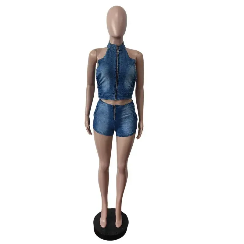 Denim Shorts Women Suit 2 Piece Sets Sexy Vest Top Sleeveless Matching Sets Zipper Fly Jeans Short Pants Outfits Streetwear 2025