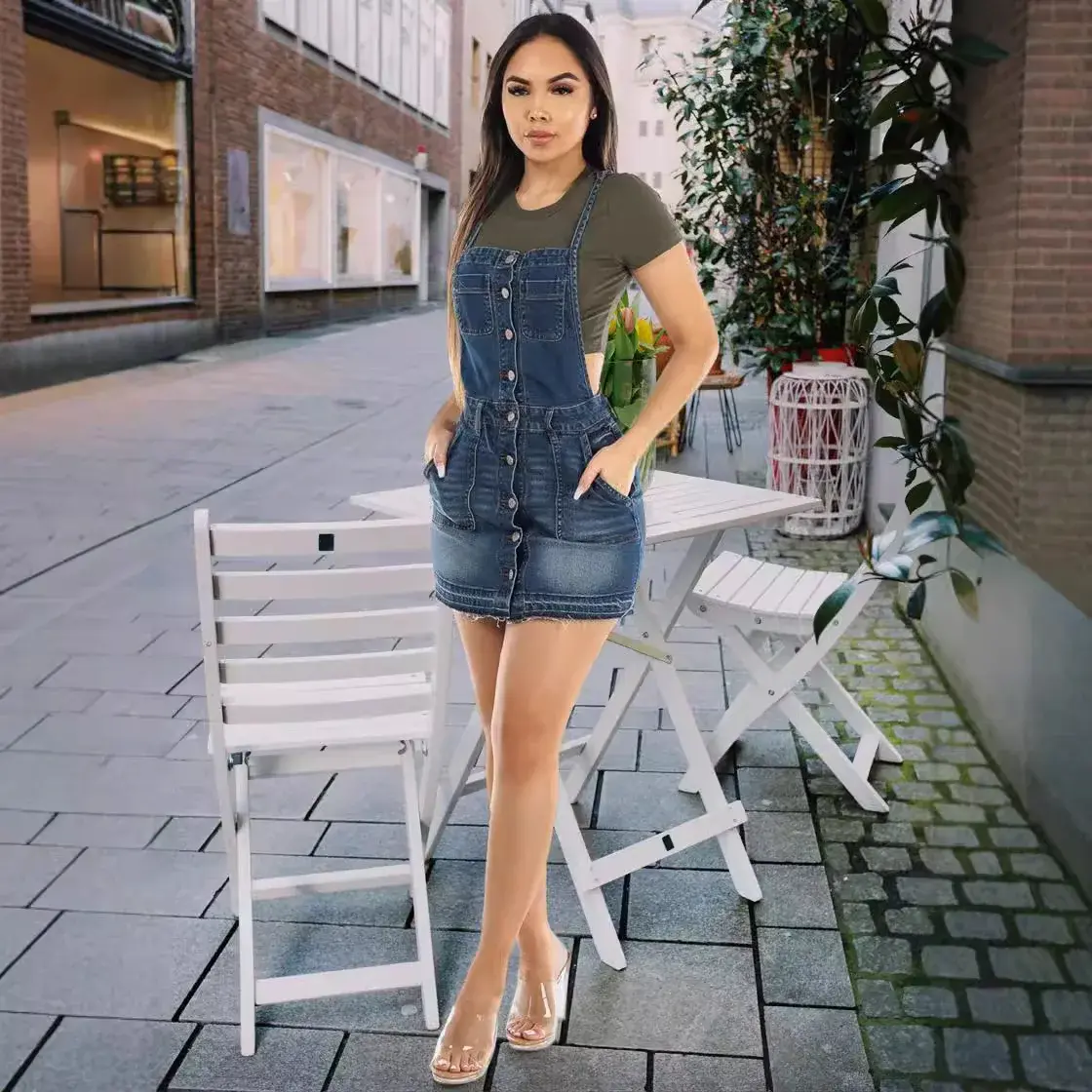 Denim Suspender Dress Women Summer Overalls Streetwear Mini Dresses High Waist A Line Pockets Single Breasted Vestidos