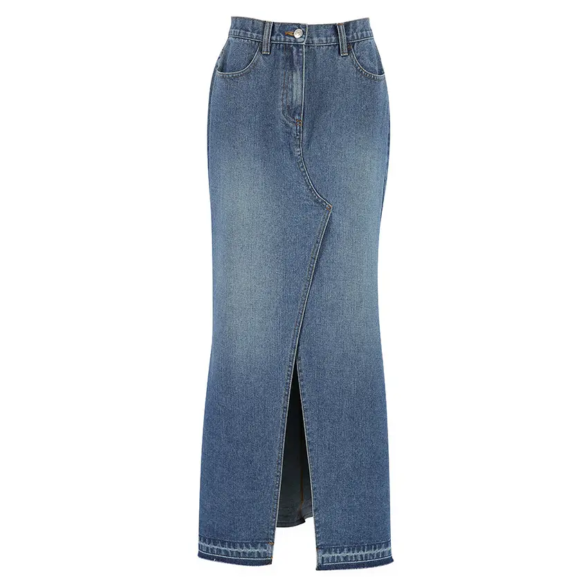 Denim Long Skirt Women Split Skirts Stretch High Waist Pockets Washed Distressed Mom Jeans 2025 Summer Streetwear Vintage A Line
