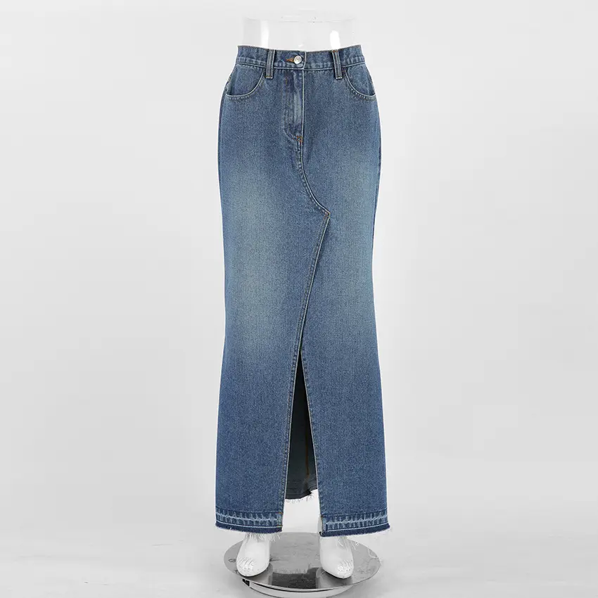 Denim Long Skirt Women Split Skirts Stretch High Waist Pockets Washed Distressed Mom Jeans 2025 Summer Streetwear Vintage A Line