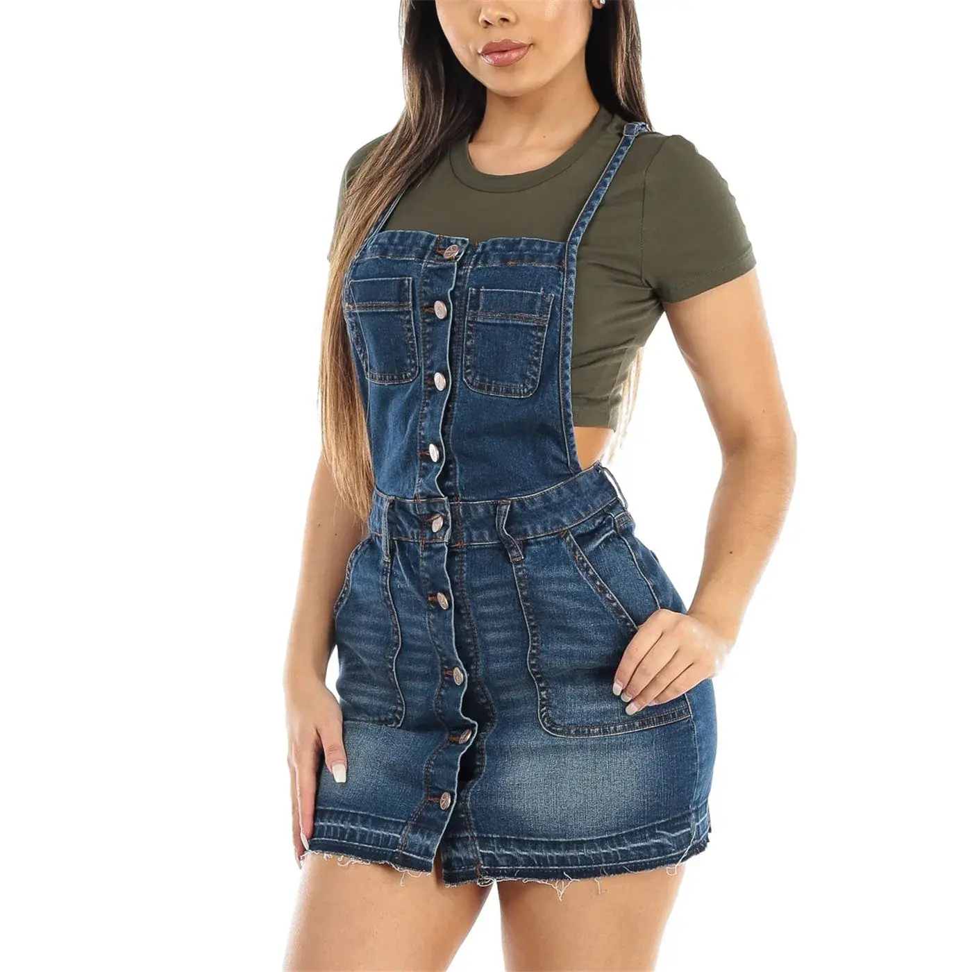 Denim Suspender Dress Women Summer Overalls Streetwear Mini Dresses High Waist A Line Pockets Single Breasted Vestidos
