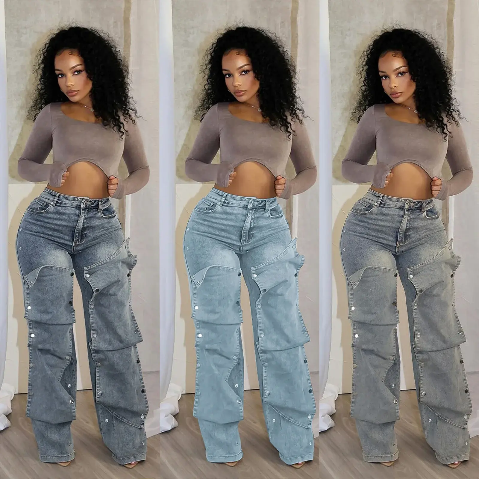 Jeans Denim Pants Women Straight Button Pockets High Waist Mom Floor Length Washed Distressed Strech Trousers 2025 Streetwear