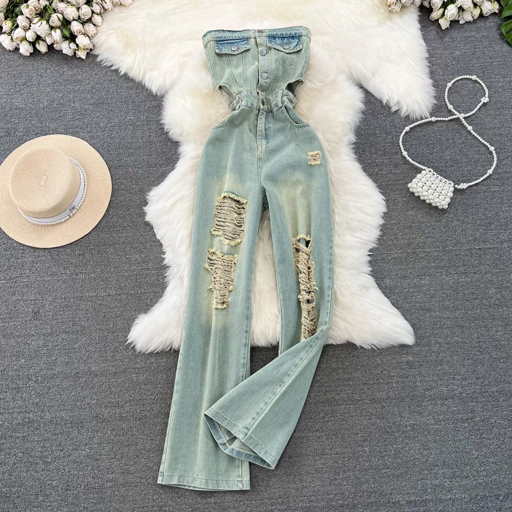 Denim Jumpsuits Women Hole One Piece Wide Leg Pants Sleeveless Strapless Distressed Mom Pockets Jeans Streetwear Summer 2025