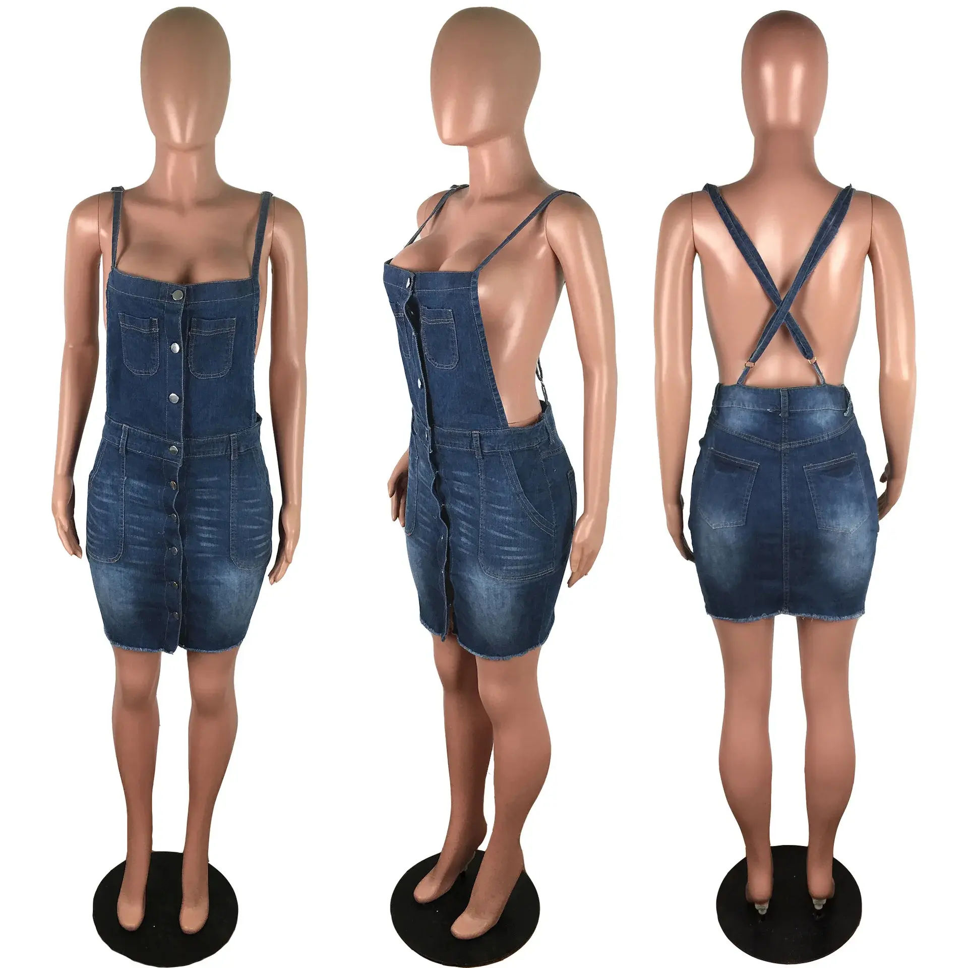 Denim Suspender Dress Women Summer Overalls Streetwear Mini Dresses High Waist A Line Pockets Single Breasted Vestidos