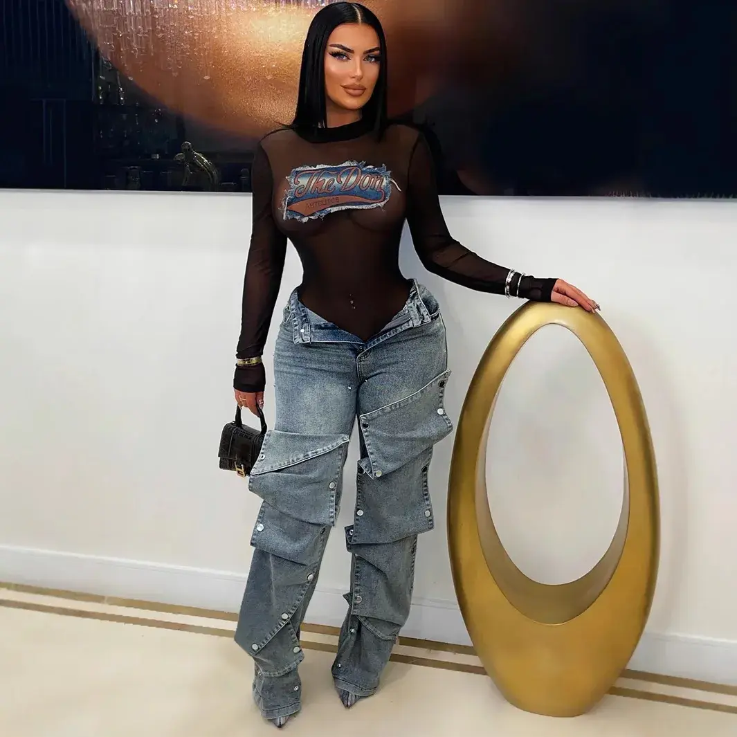 Jeans Denim Pants Women Straight Button Pockets High Waist Mom Floor Length Washed Distressed Strech Trousers 2025 Streetwear
