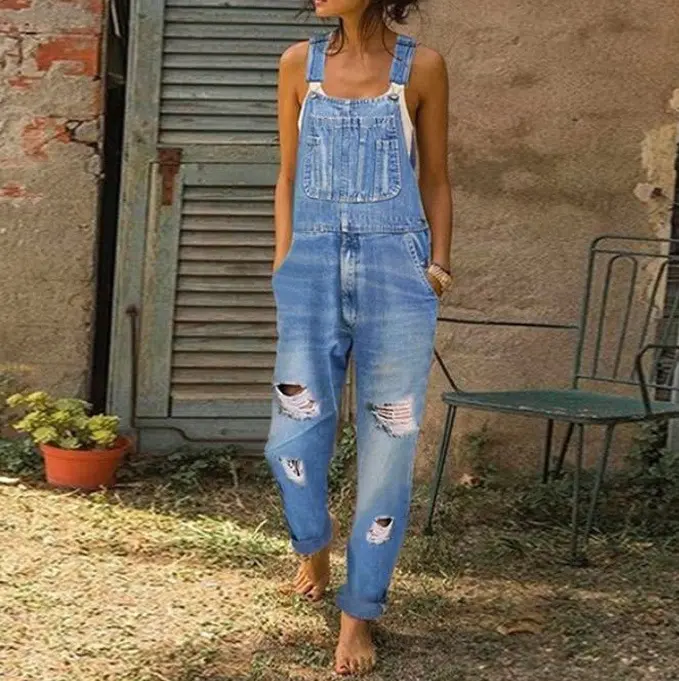 Women Jeans Overalls Holes Washing Denim Mid Waist Ankle Length Straight Pants One Piece Pockets High Street Casual Sports