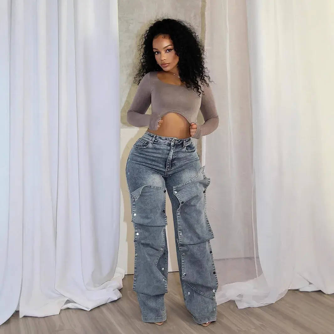 Jeans Denim Pants Women Straight Button Pockets High Waist Mom Floor Length Washed Distressed Strech Trousers 2025 Streetwear